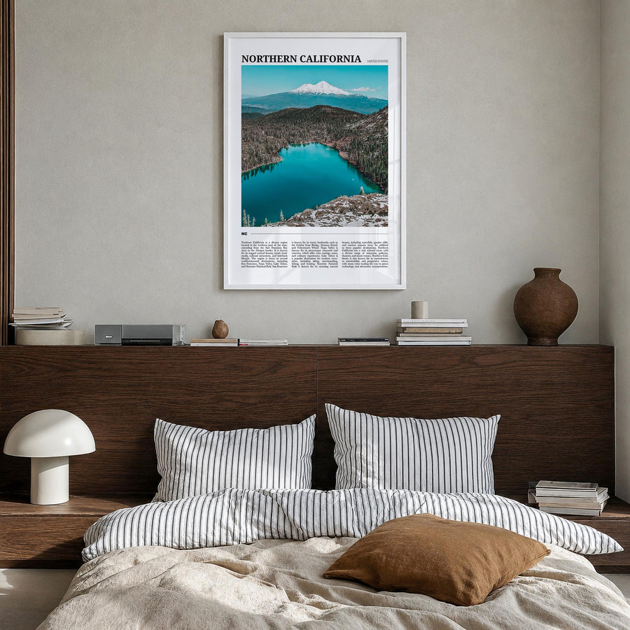 Northern California colorful travel poster of California, USA – vertical wall art in white wood frame, hanging on wall