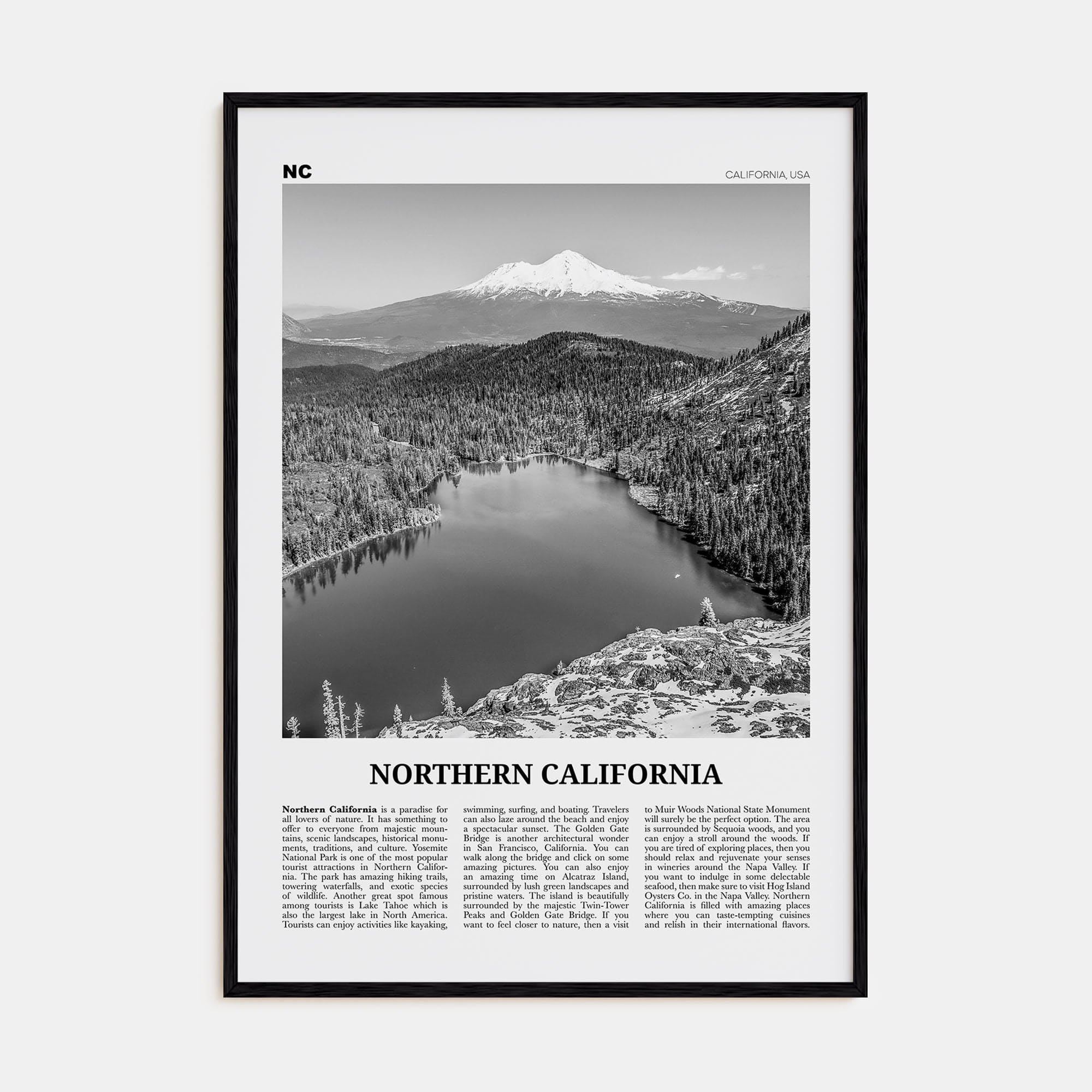 Northern California Poster Black Wood / 8x12 in Nbourhood Travel B&W Poster