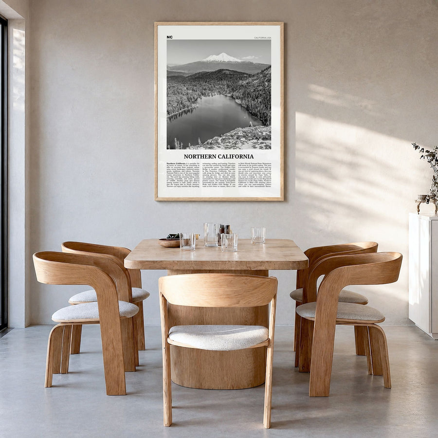 Northern California Newspaper Poster in a natural wood frame, hanging in a dining room