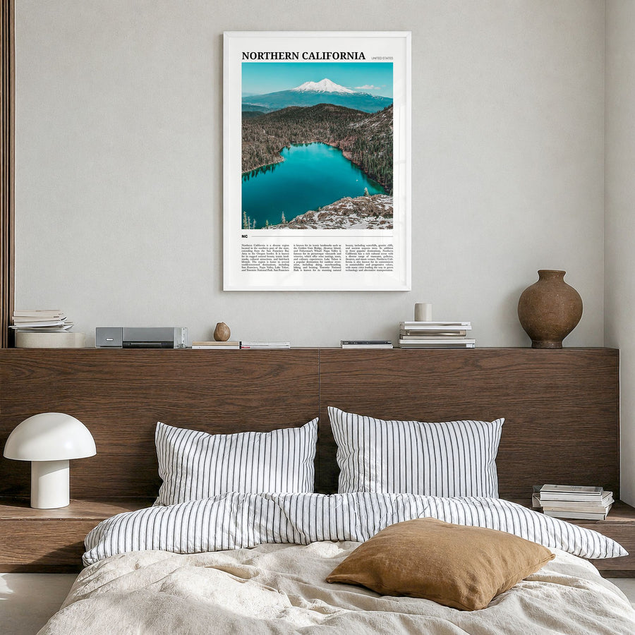 Northern California Travel Poster in a white wood frame, hanging in a bedroom