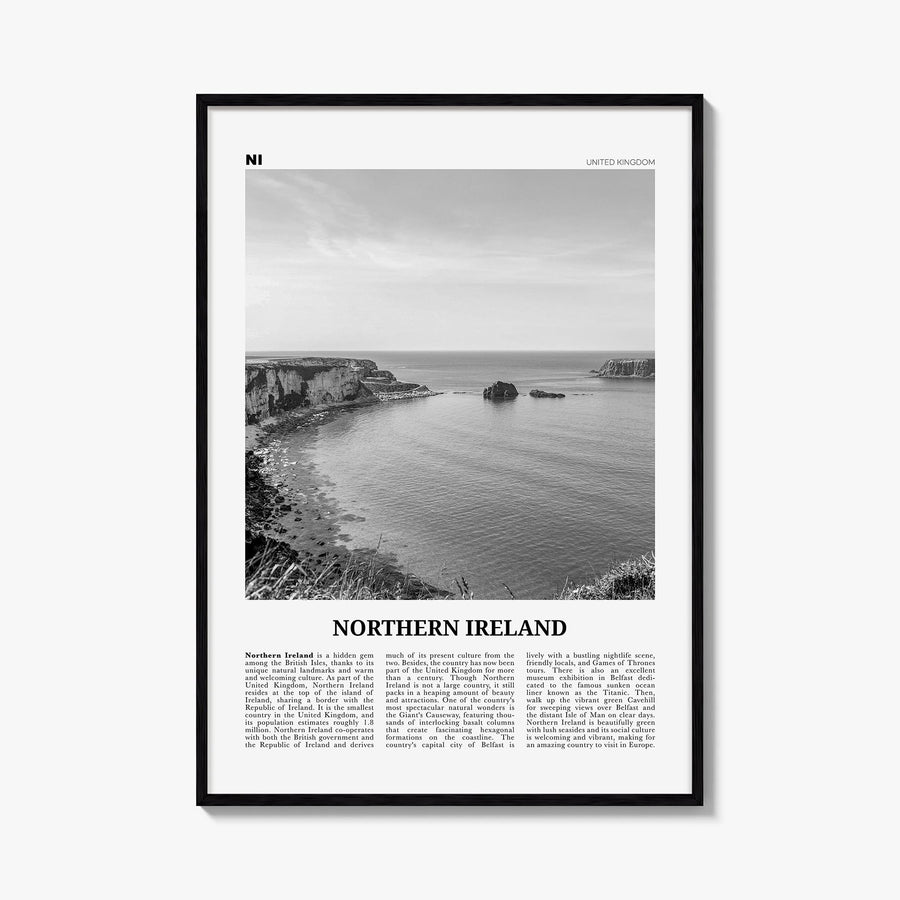 Northern Ireland black & white newspaper poster of United Kingdom – vertical wall art, unframed print shown in interior mocku