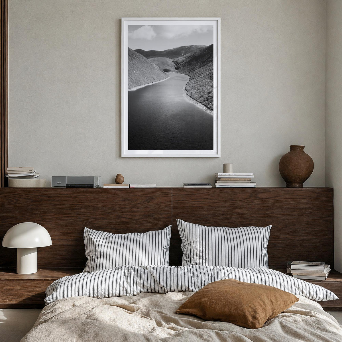 Northern Ireland black & white photo poster of United Kingdom – vertical wall art in white wood frame with white border, hang