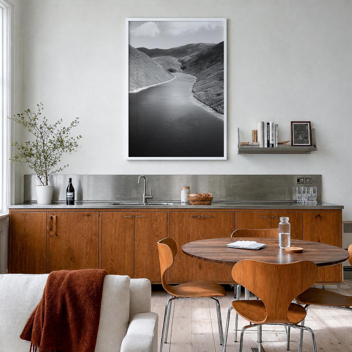 Northern Ireland black & white photo poster of United Kingdom – vertical wall art in white wood frame, hanging on wall