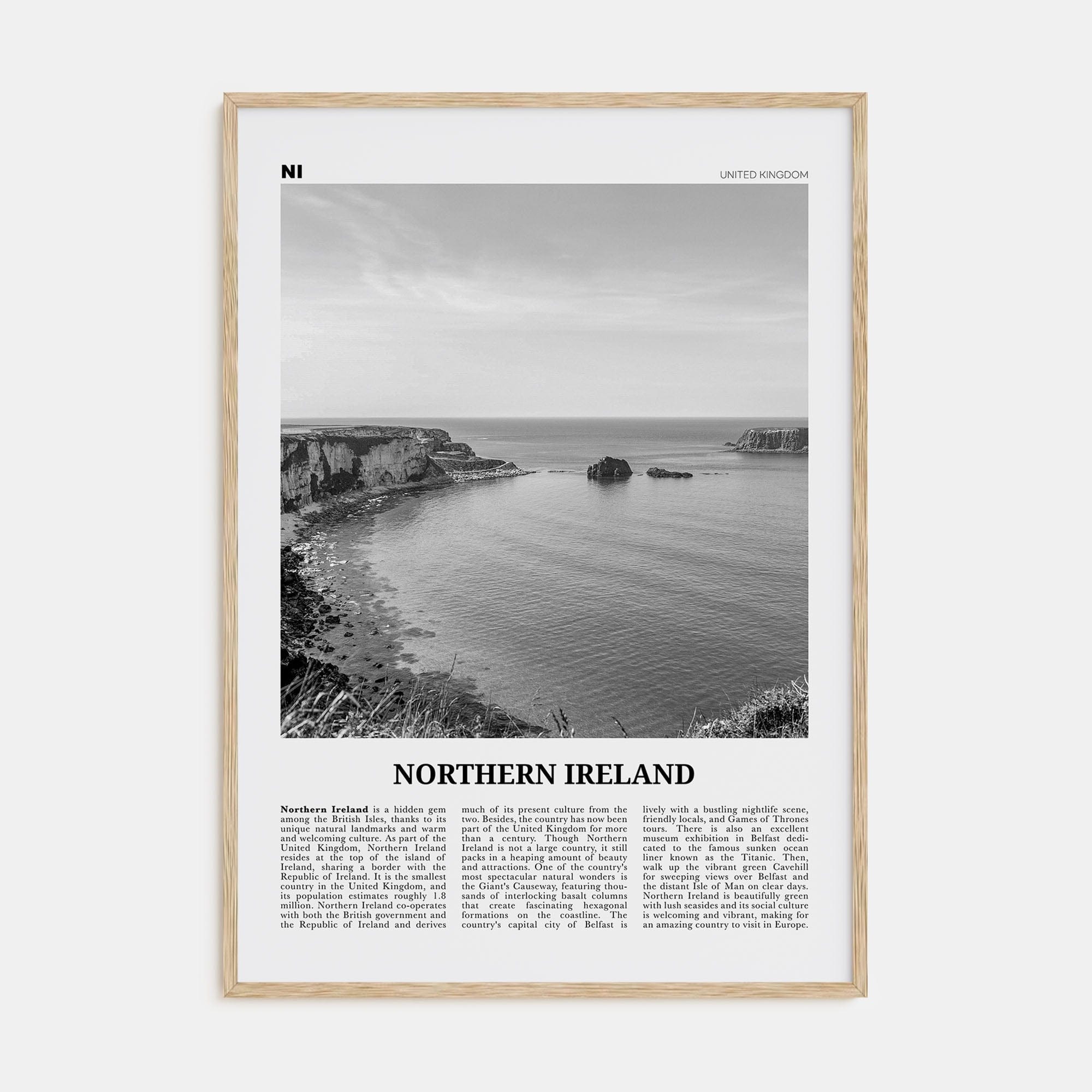 Northern Ireland Poster Natural Wood / 8x12 in Nbourhood Travel B&W Poster