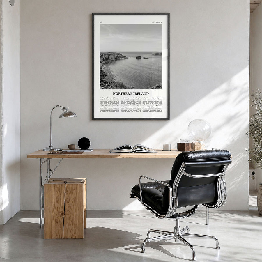 Northern Ireland Newspaper Poster in a black wood frame, hanging in a bright home office