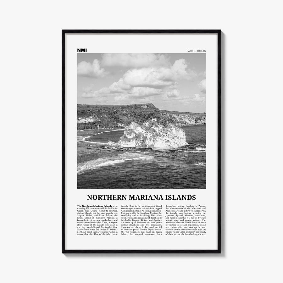 Northern Mariana Islands black & white newspaper poster of Oceania – vertical wall art, unframed print shown in interior mock
