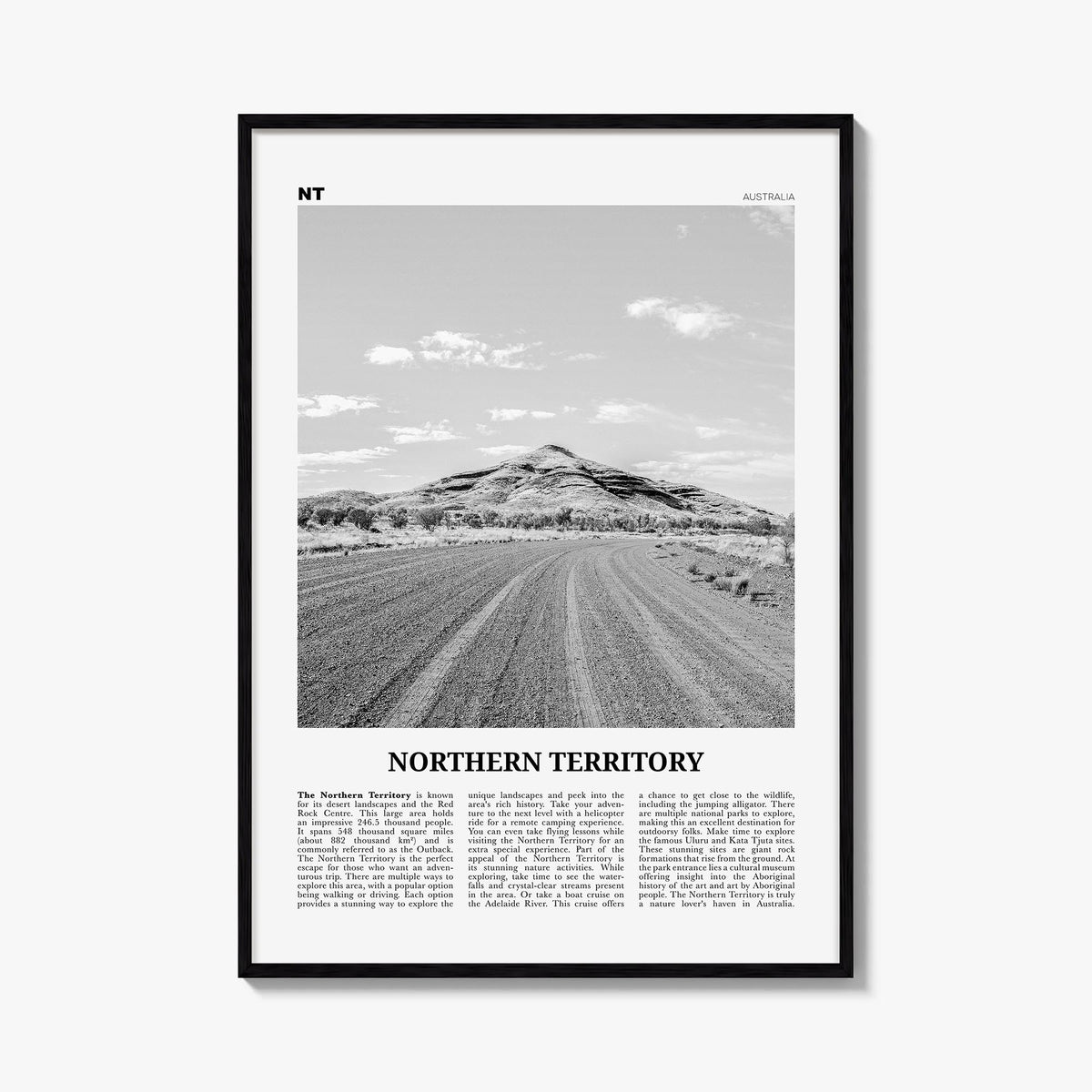 Northern Territory black & white newspaper poster of Australia – vertical wall art, unframed print shown in interior mockup