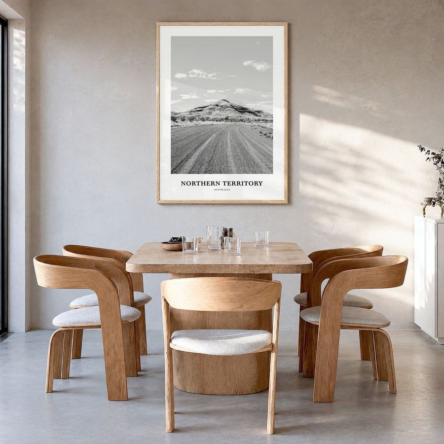 Northern Territory Classic Poster in a natural wood frame, hanging in a dining room