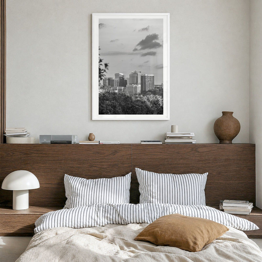Northern Virginia Photo Poster in a white wood frame, hanging in a bedroom, white border