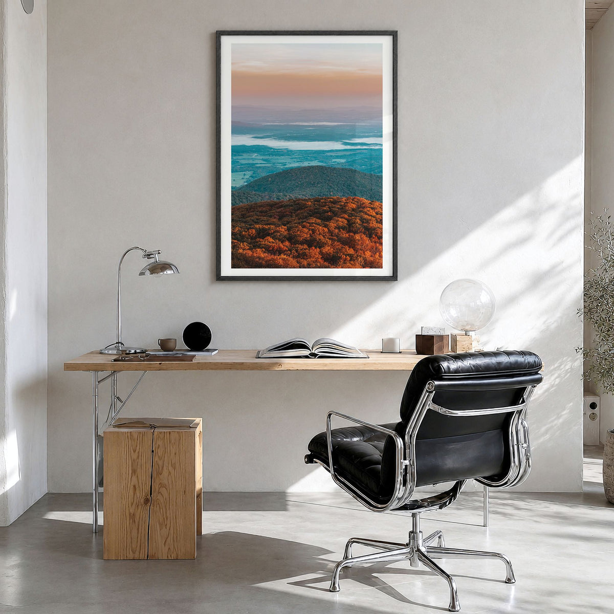 Northern Virginia Photo Poster in a black wood frame, hanging in a bright home office, white border