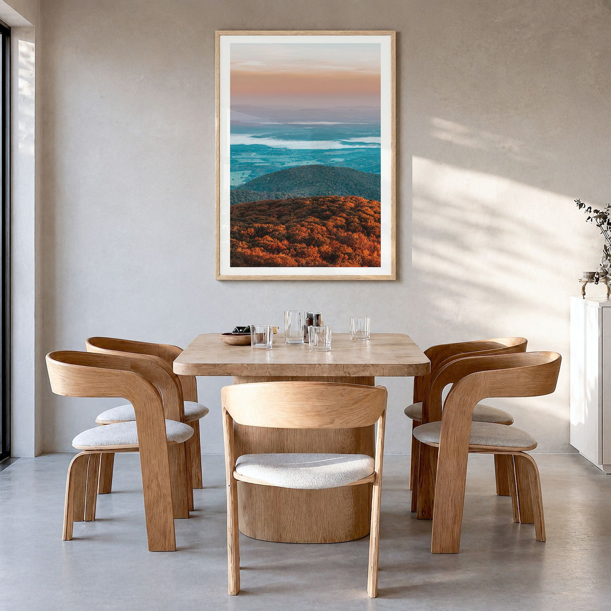 Northern Virginia Photo Poster in a natural wood frame, hanging in a dining room, white border