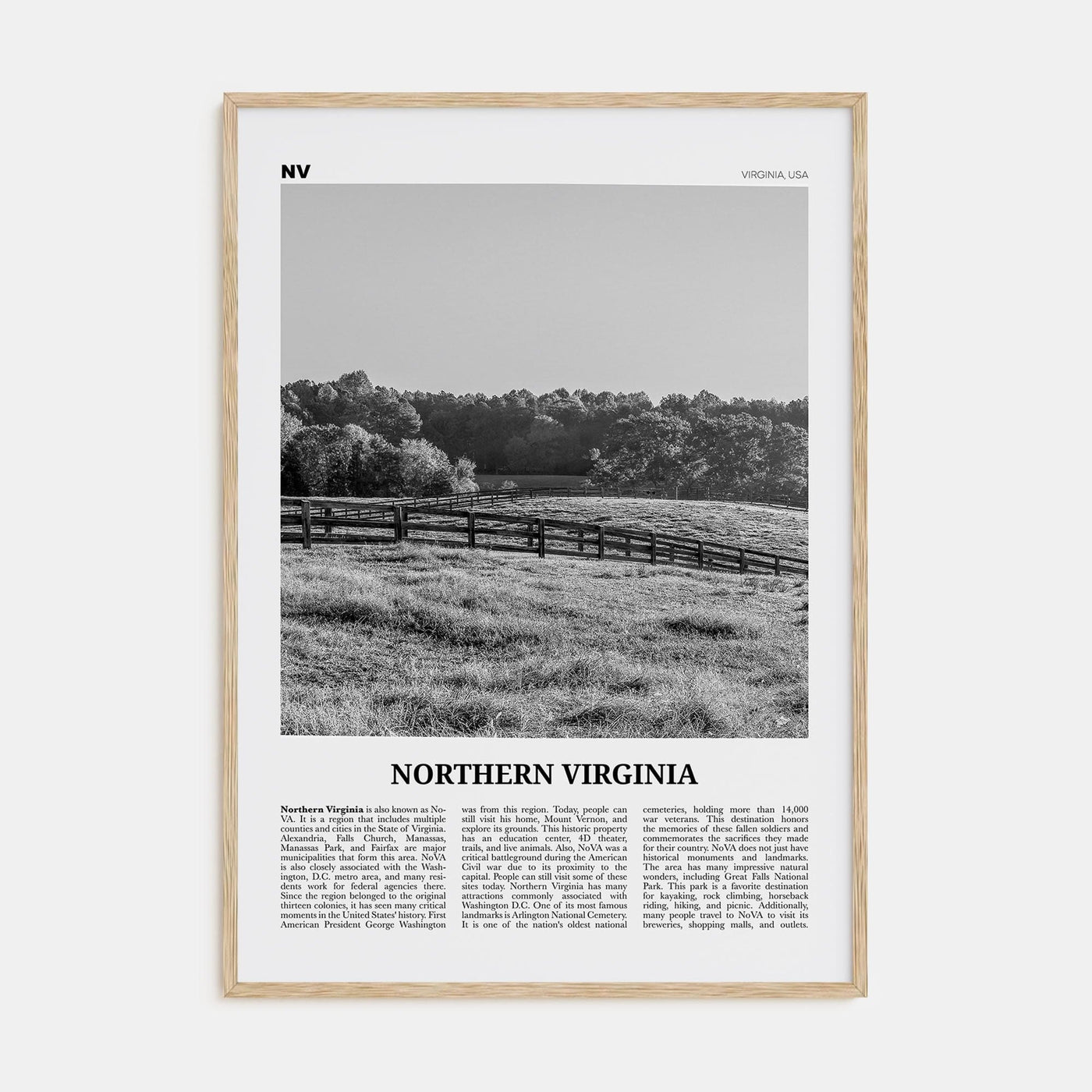 Northern Virginia Poster Natural Wood / 8x12 in Nbourhood Travel B&W Poster