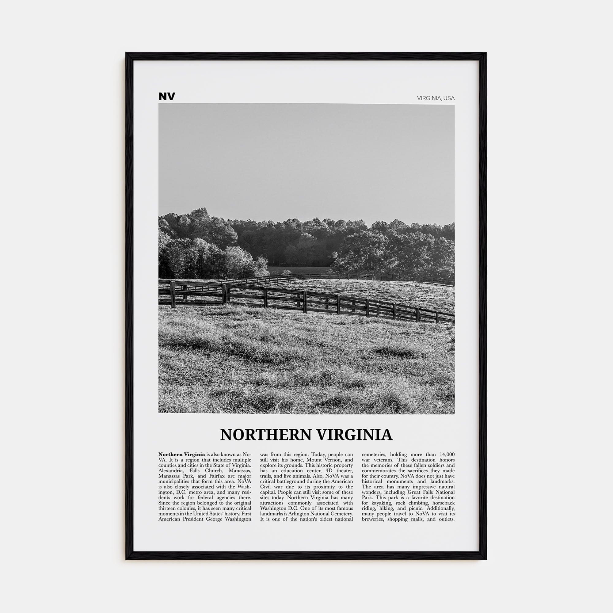 Northern Virginia Poster Black Wood / 8x12 in Nbourhood Travel B&W Poster