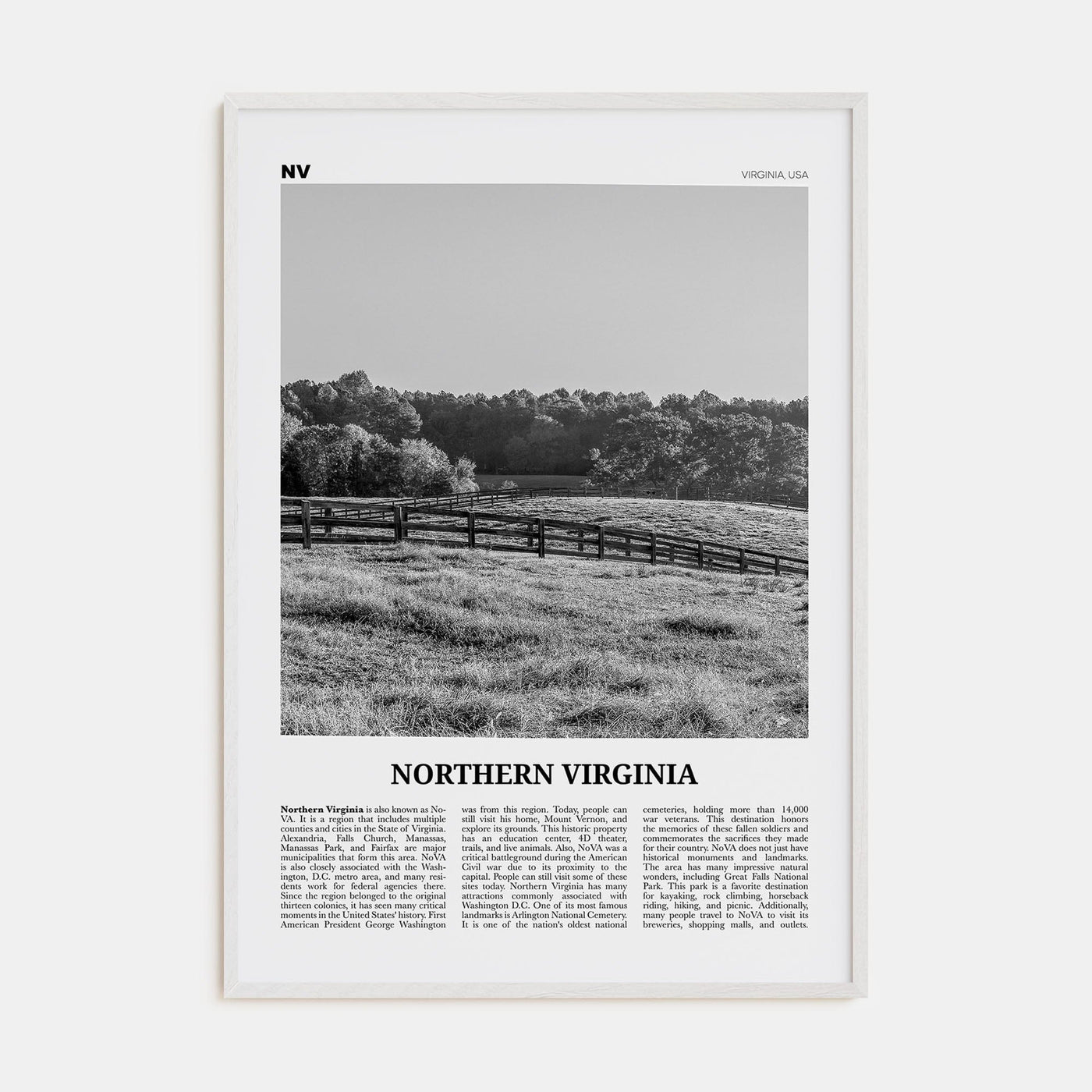 Northern Virginia Poster White Wood / 8x12 in Nbourhood Travel B&W Poster