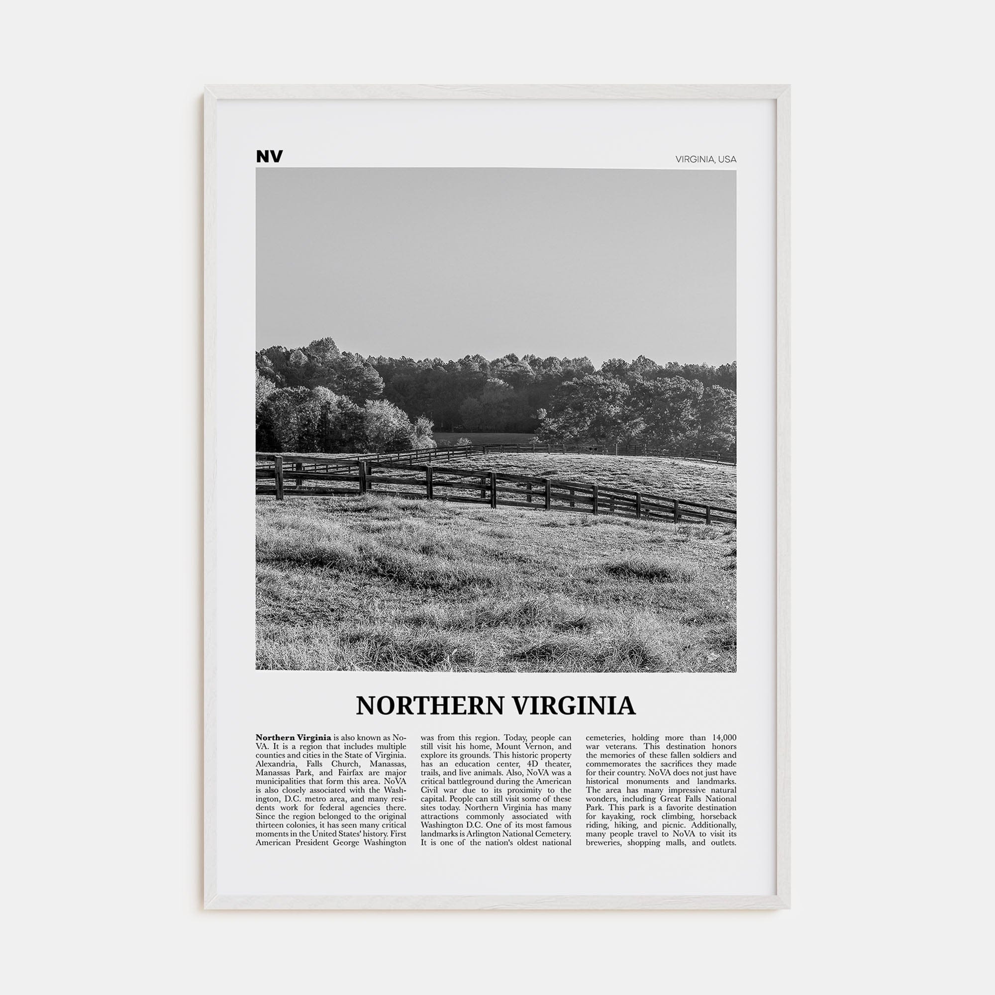 Northern Virginia Poster White Wood / 8x12 in Nbourhood Travel B&W Poster