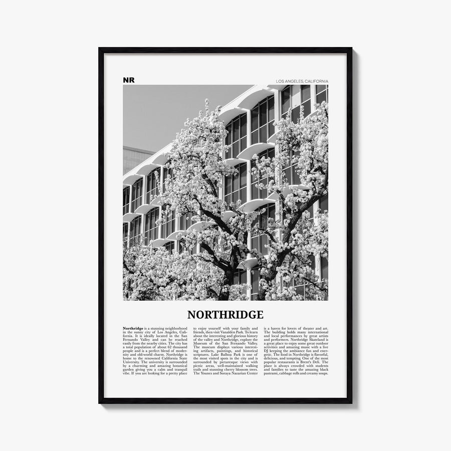 Northridge black & white newspaper poster of California, USA – vertical wall art, unframed print shown in interior mockup