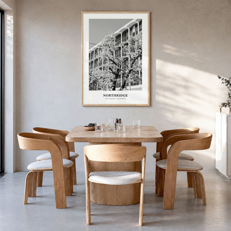 Northridge Classic Poster in a natural wood frame, hanging in a dining room