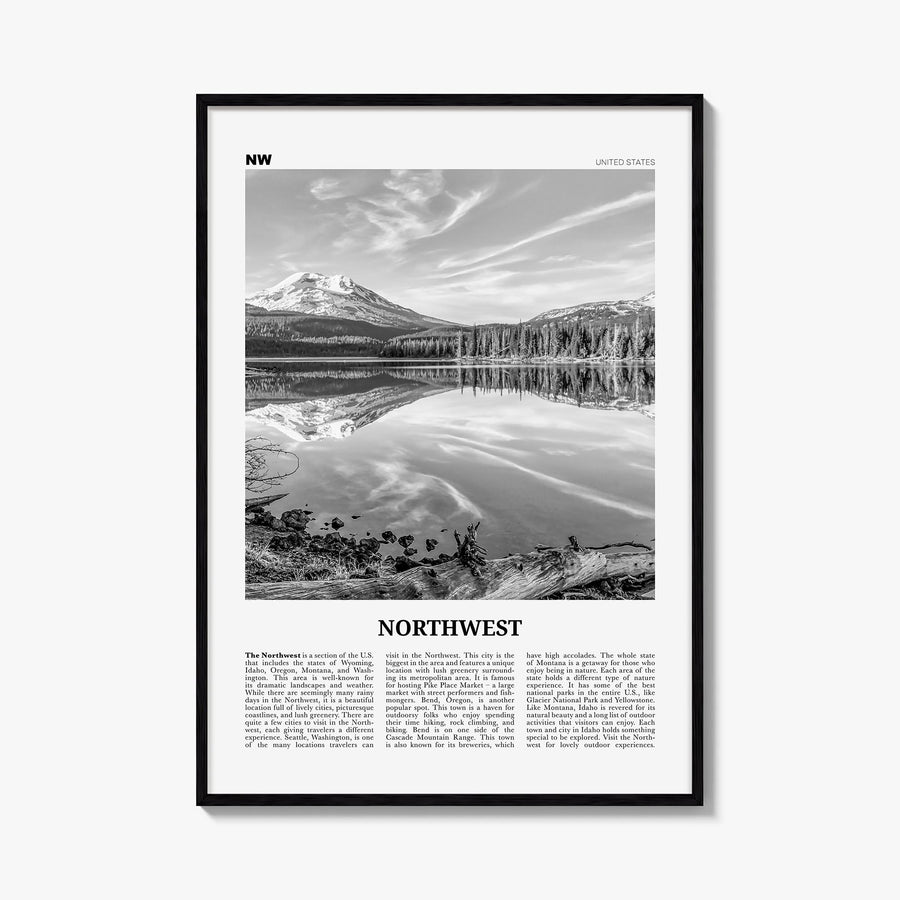 Northwest black & white newspaper poster of United States – vertical wall art, unframed print shown in interior mockup