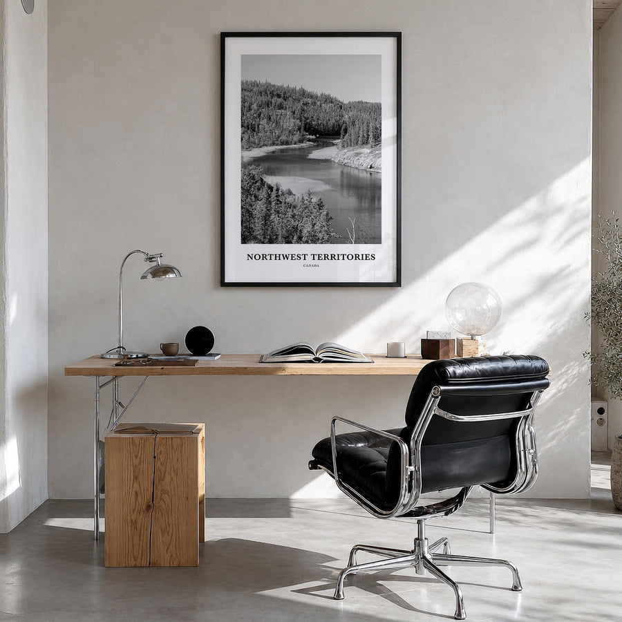 Northwest Territories black & white classic poster of Canada – vertical wall art in black wood frame, hanging on wall
