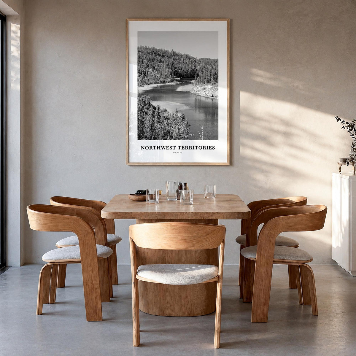 Northwest Territories black & white classic poster of Canada – vertical wall art in natural wood frame, hanging on wall