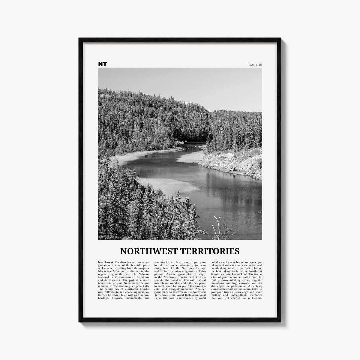 Northwest Territories black & white newspaper poster of Canada – vertical wall art, unframed print shown in interior mockup