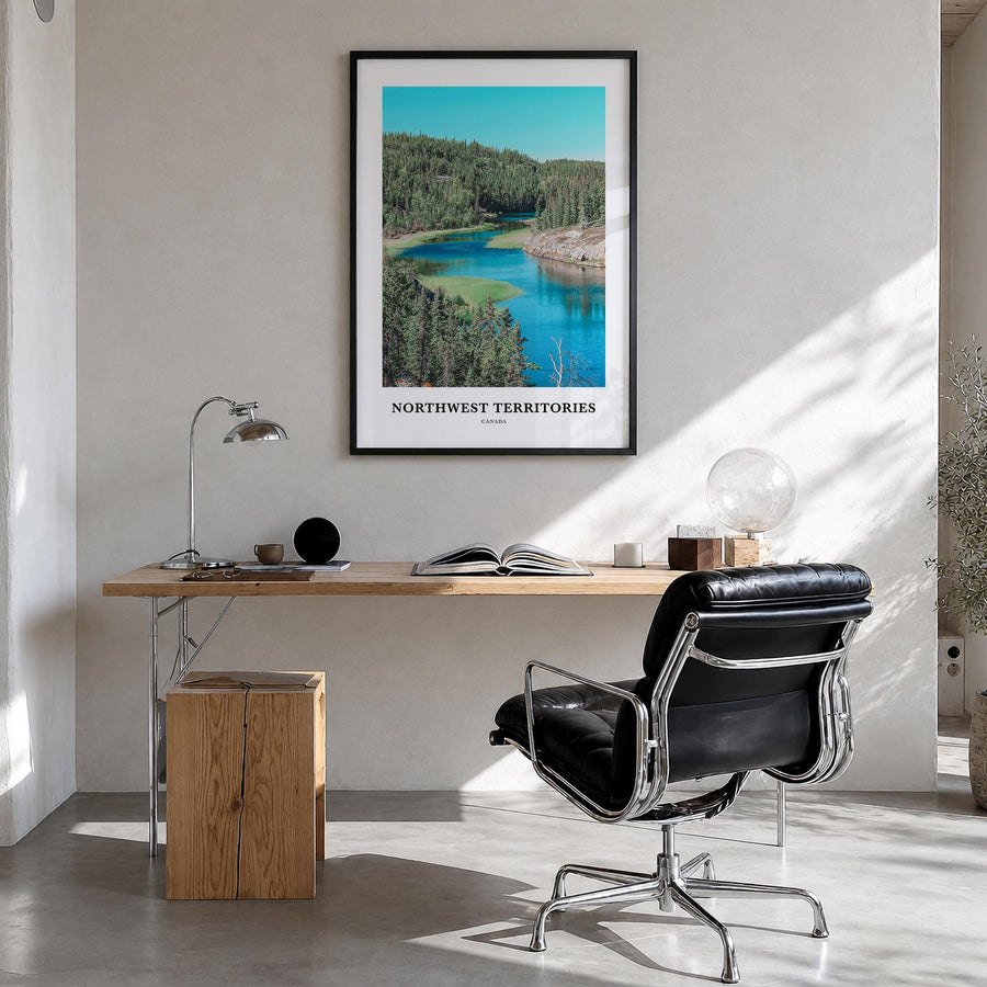Northwest Territories colorful classic poster of Canada – vertical wall art in black wood frame, hanging on wall