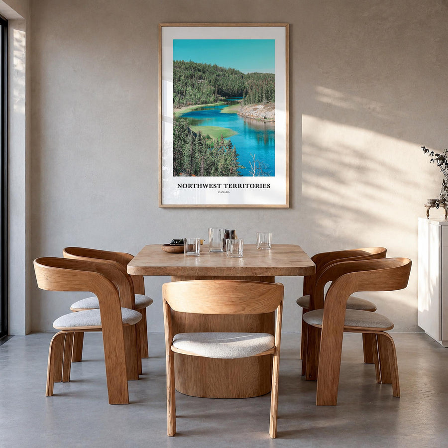 Northwest Territories colorful classic poster of Canada – vertical wall art in natural wood frame, hanging on wall