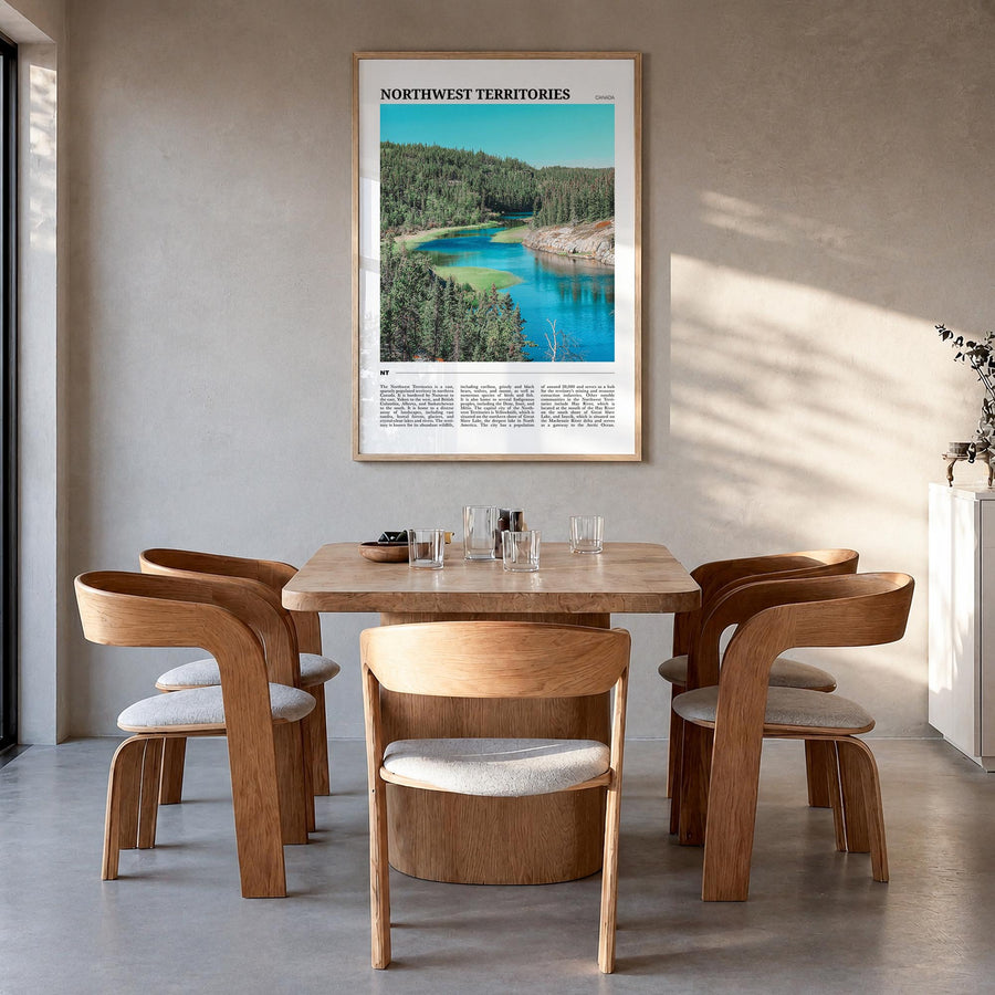 Northwest Territories colorful travel poster of Canada – vertical wall art in natural wood frame, hanging on wall