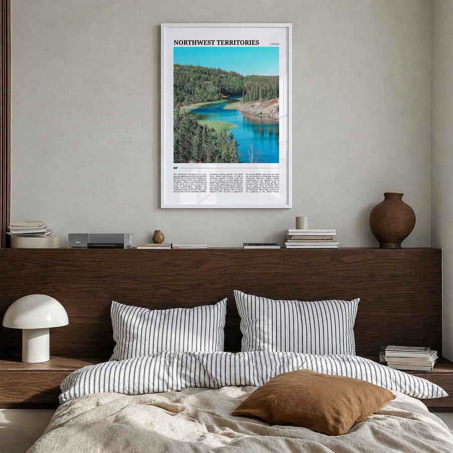 Northwest Territories colorful travel poster of Canada – vertical wall art in white wood frame, hanging on wall
