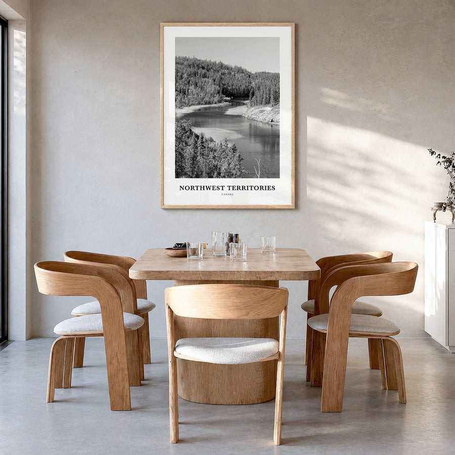 Northwest Territories Classic Poster in a natural wood frame, hanging in a dining room