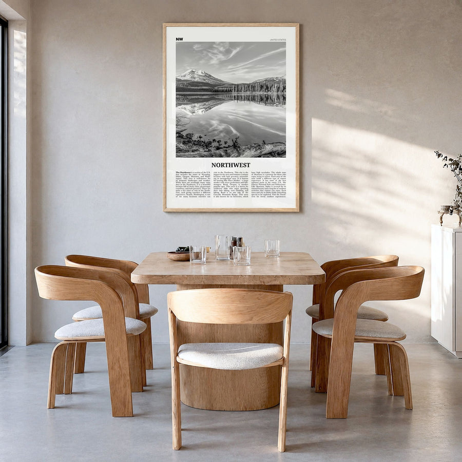 Northwest, United States Newspaper Poster in a natural wood frame, hanging in a dining room