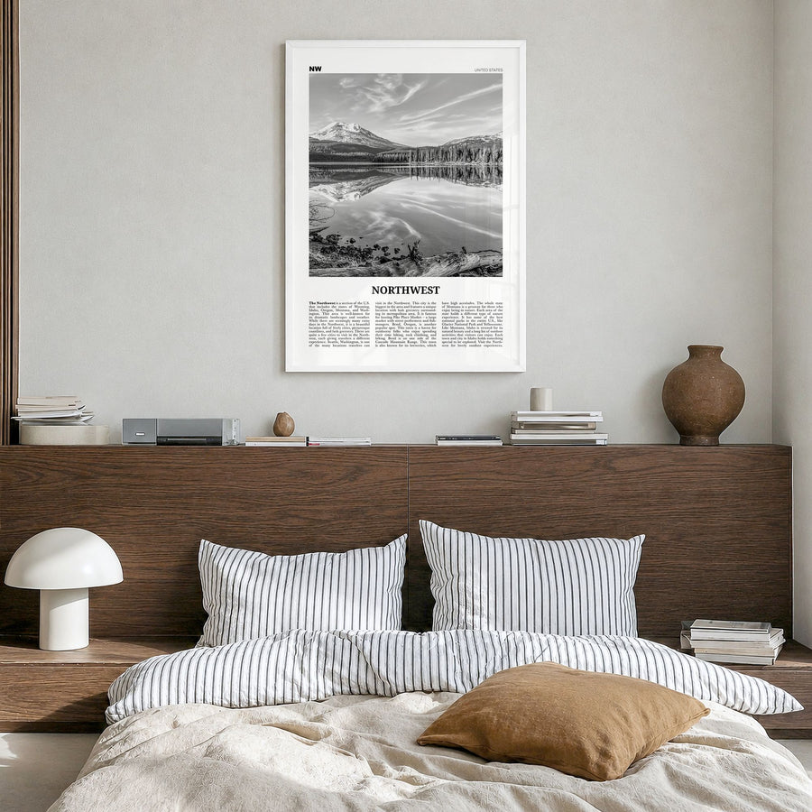 Northwest, United States Newspaper Poster in a white wood frame, hanging in a bedroom