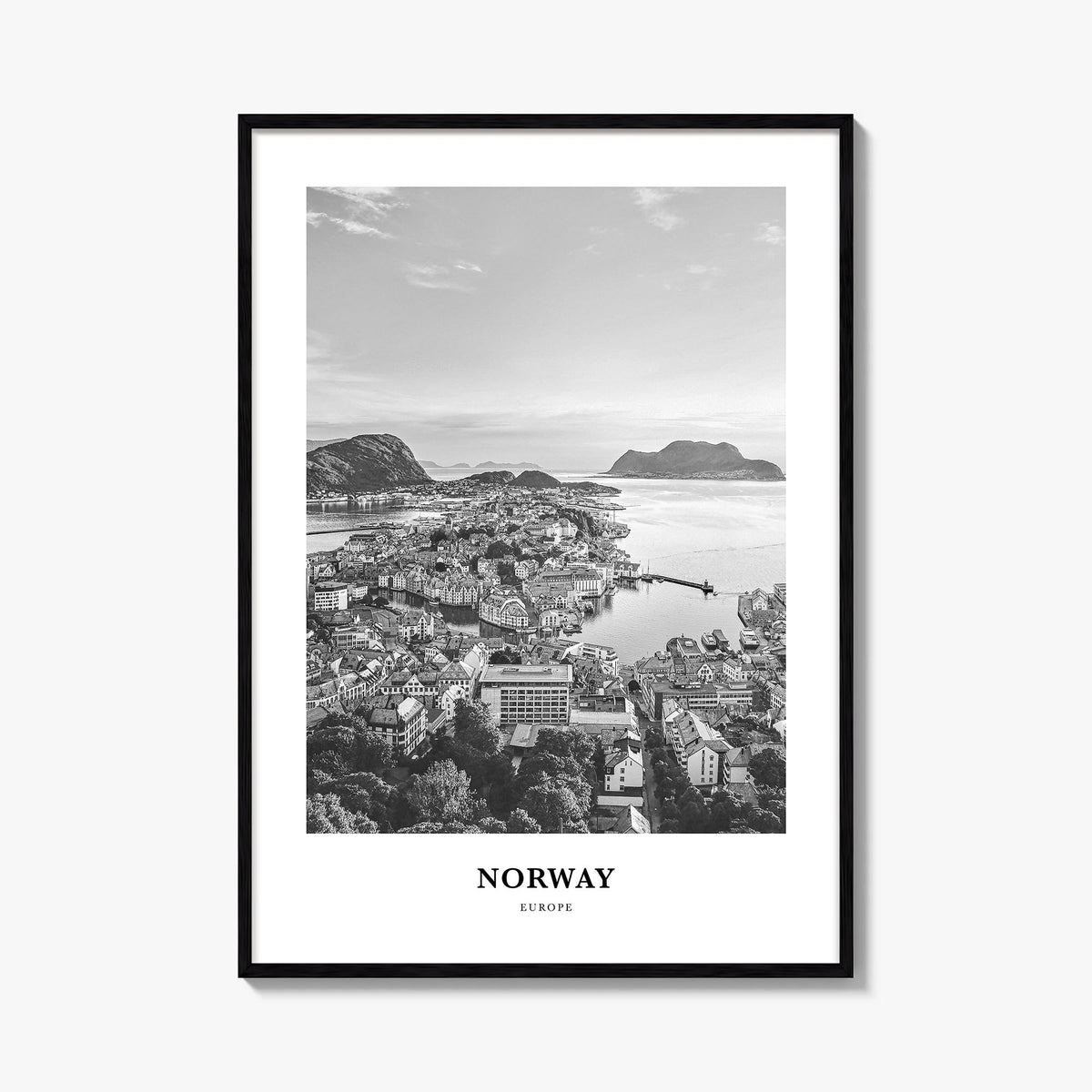 Norway black & white classic poster of Europe – vertical wall art, unframed print shown in interior mockup