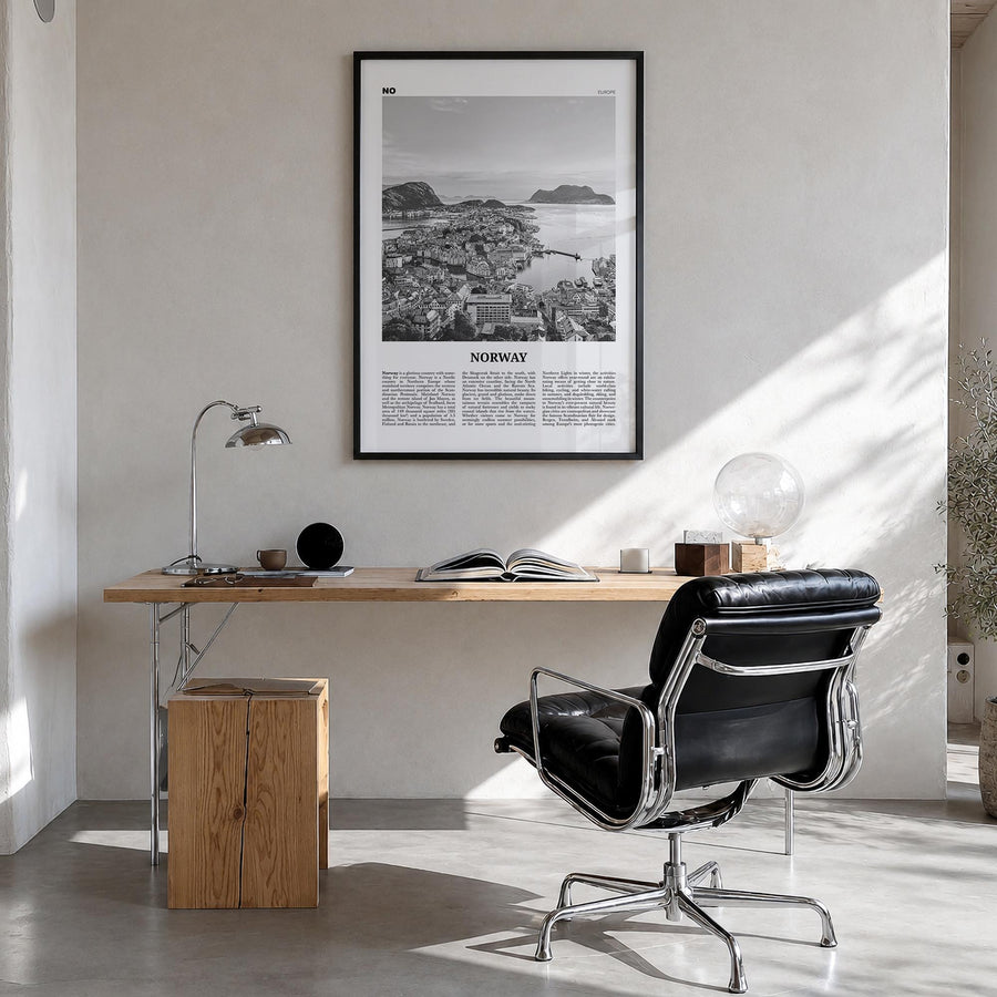 Norway black & white newspaper poster of Europe – vertical wall art in black wood frame, hanging on wall