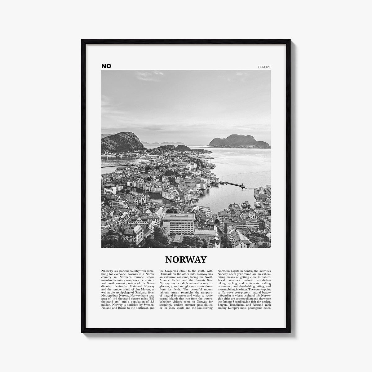Norway black & white newspaper poster of Europe – vertical wall art, unframed print shown in interior mockup