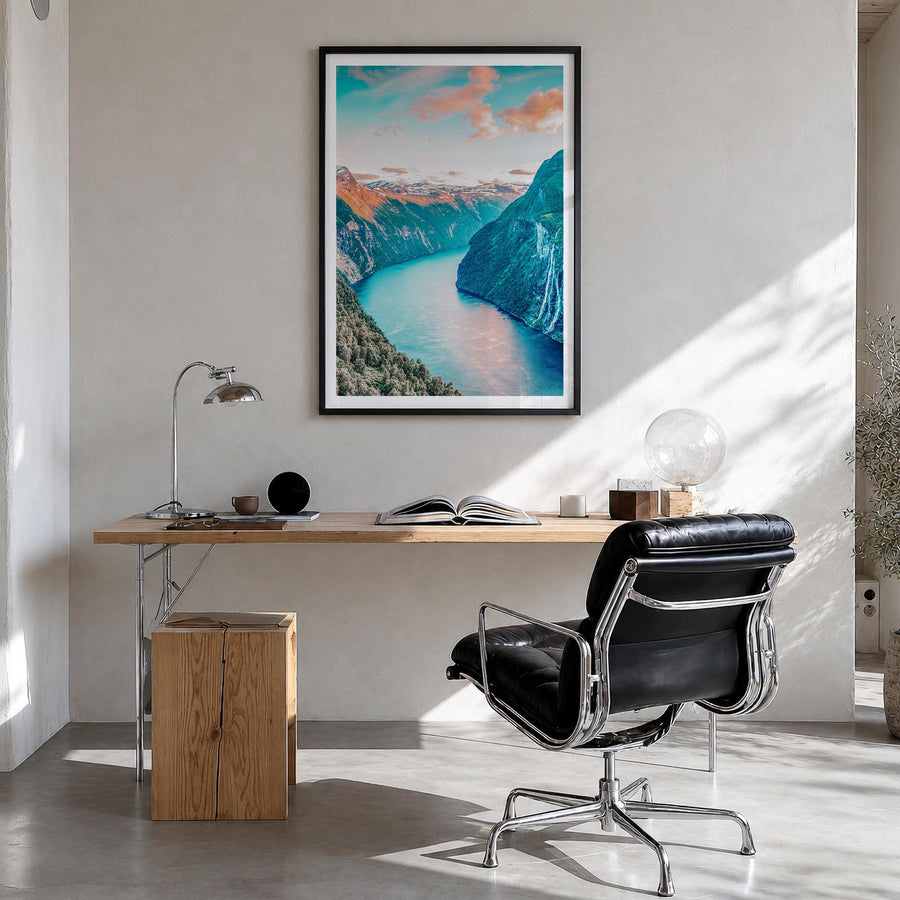 Norway colorful photo poster of Europe – vertical wall art in black wood frame with white border, hanging on wall