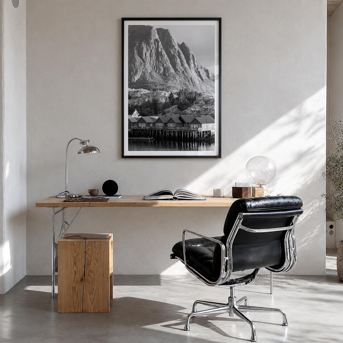 Norway no. 2 black & white photo poster of Europe – vertical wall art in black wood frame with white border, hanging on wall