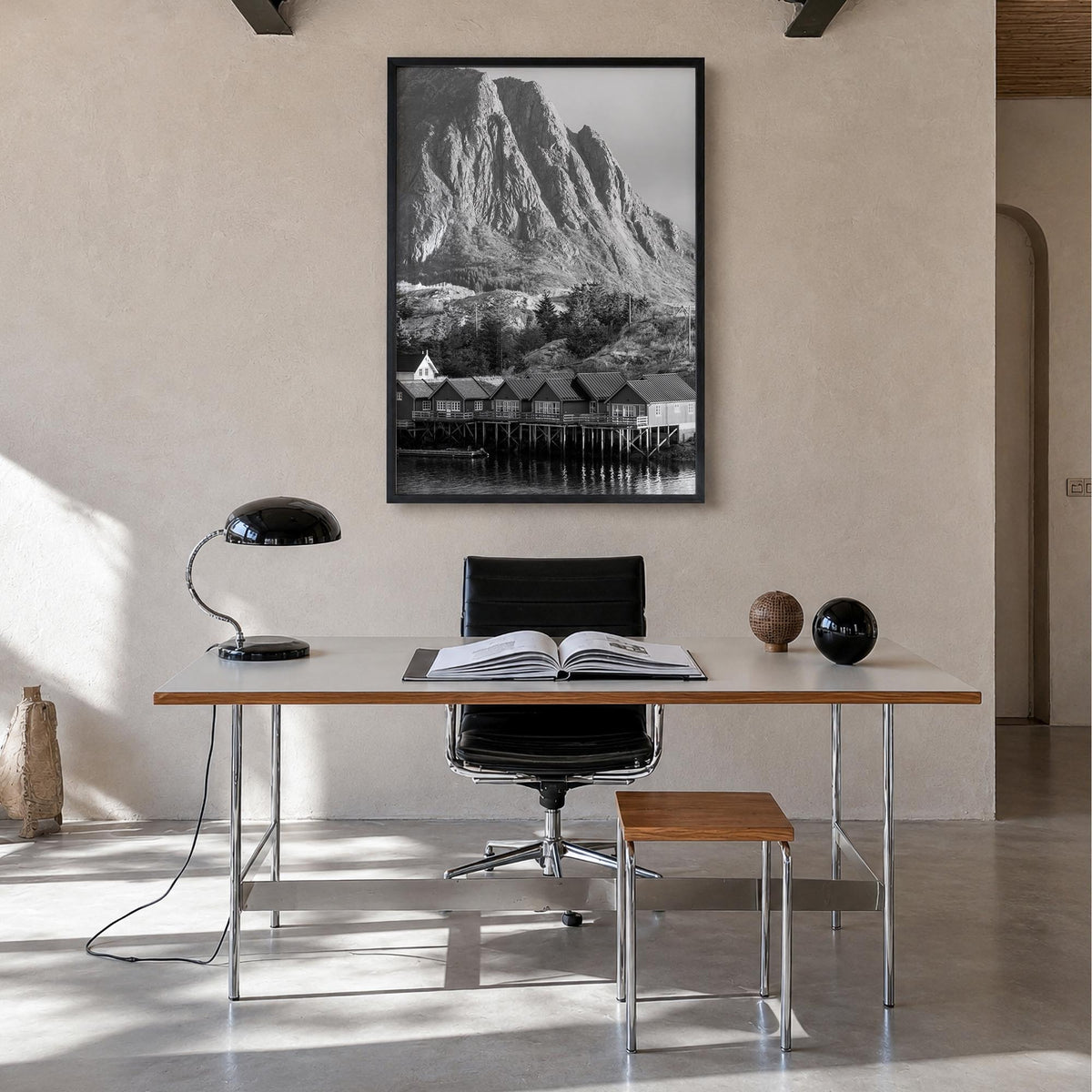 Norway no. 2 black & white photo poster of Europe – vertical wall art in black wood frame, hanging on wall