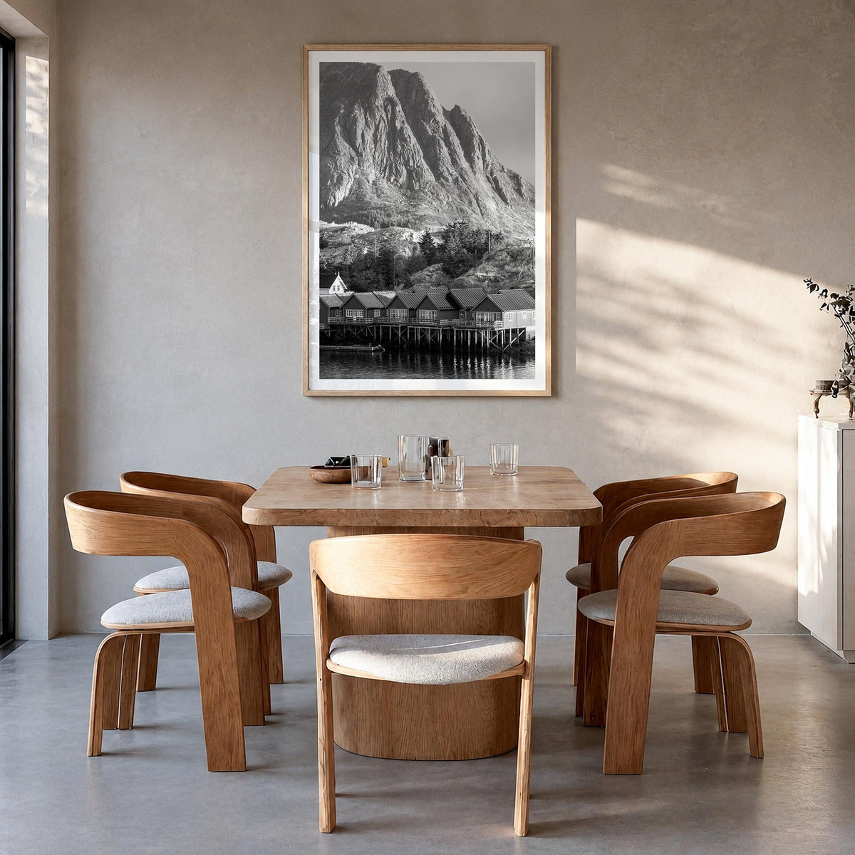 Norway no. 2 black & white photo poster of Europe – vertical wall art in natural wood frame with white border, hanging on wal
