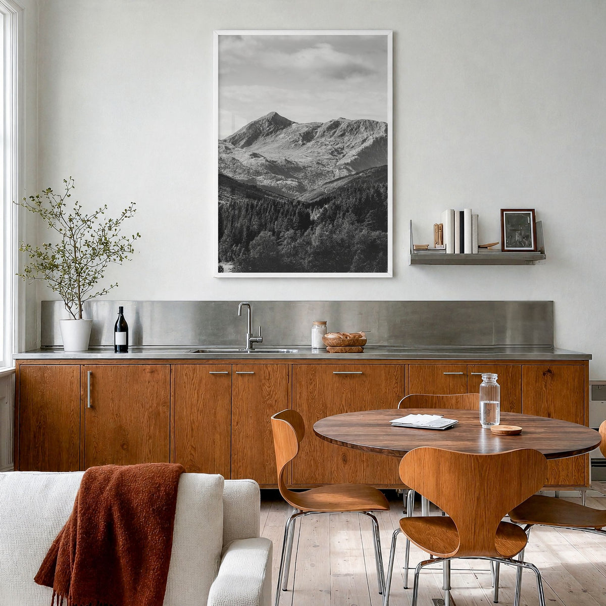Norway Photo No 2 Poster in a white wood frame, hanging in a kitchen with a dining area, full image (no border)