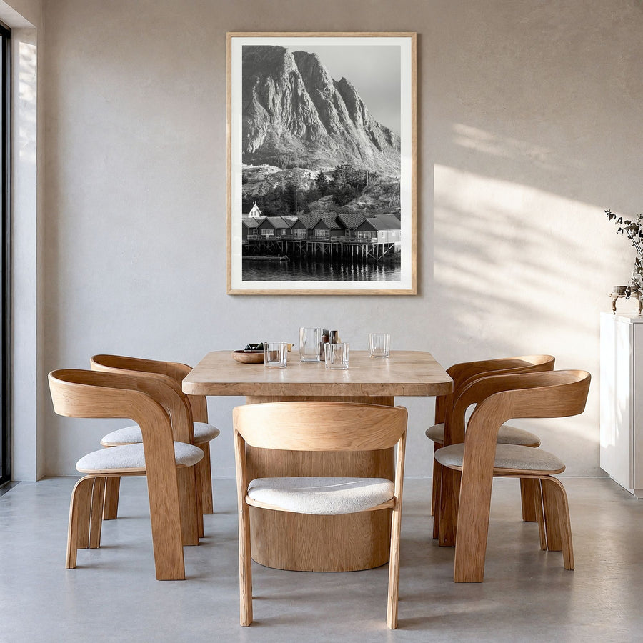 Norway Photo No 1 Poster in a natural wood frame, hanging in a dining room, white border