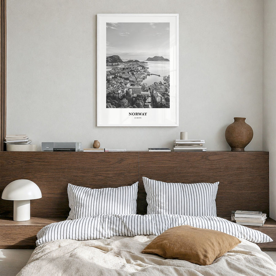 Norway Classic Poster in a white wood frame, hanging in a bedroom