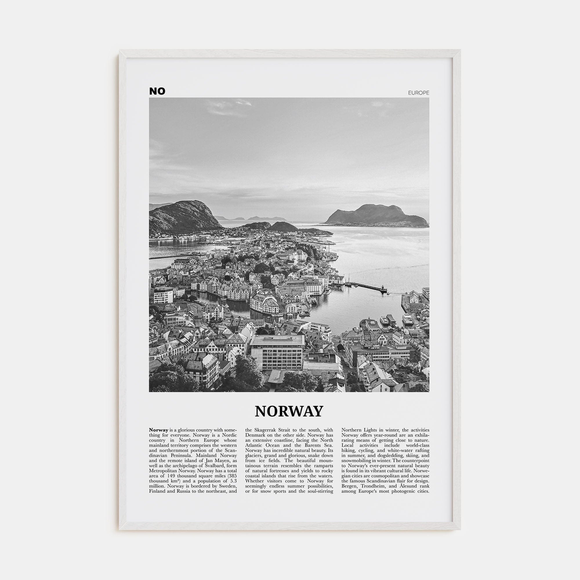 Norway Poster White Wood / 8x12 in Nbourhood Travel B&W Poster