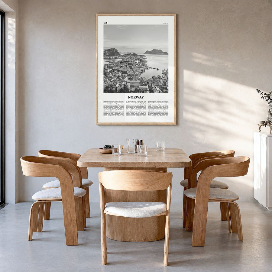 Norway Newspaper Poster in a natural wood frame, hanging in a dining room