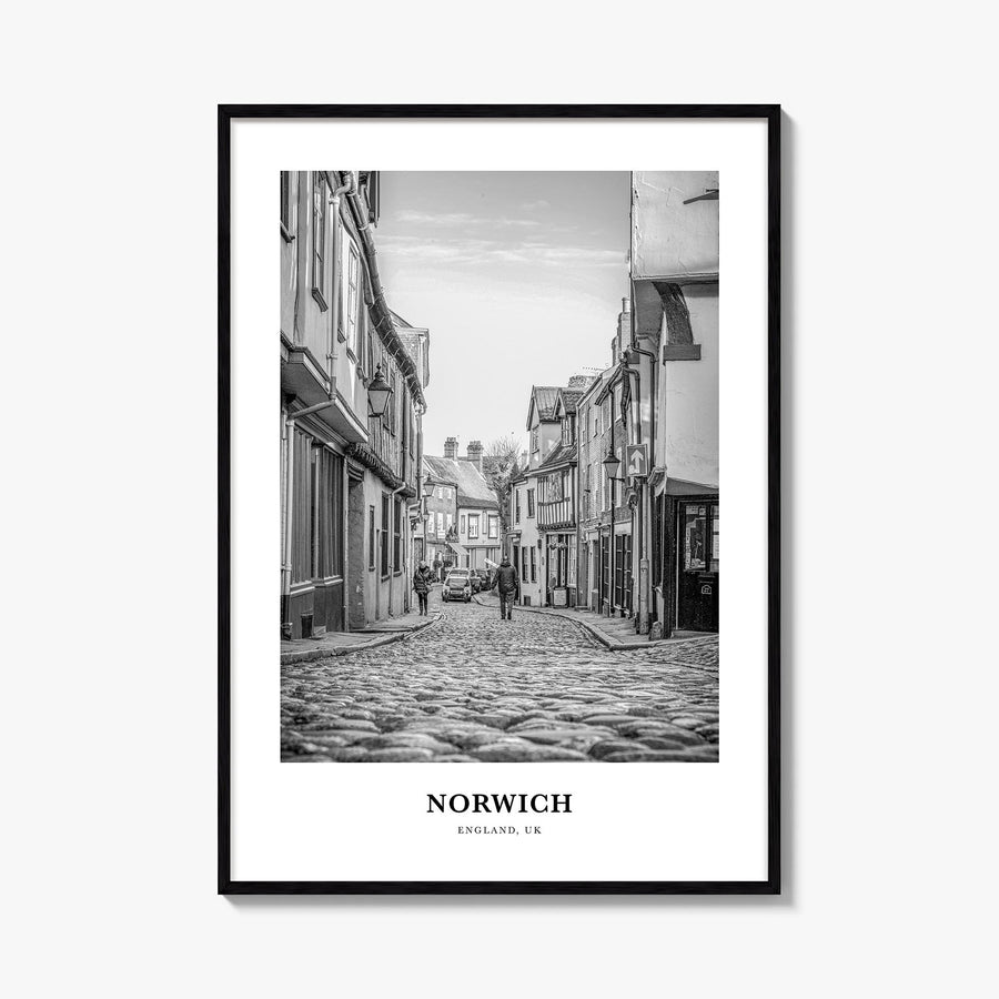 Norwich black & white classic poster of England, UK – vertical wall art, unframed print shown in interior mockup