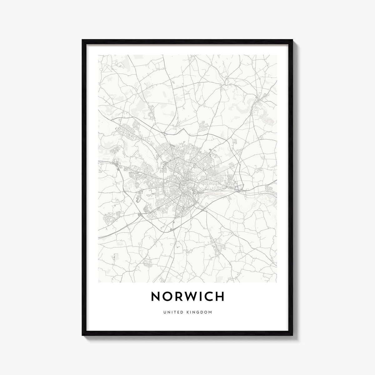 Norwich black & white map poster of England, UK – vertical wall art, unframed print shown in interior mockup