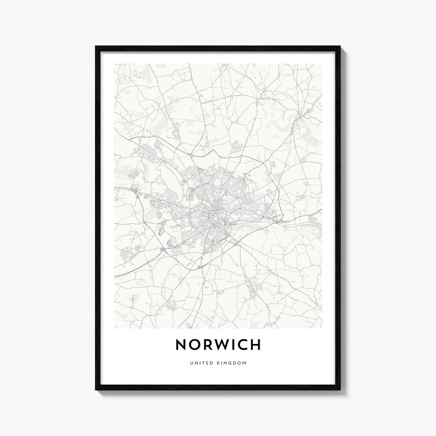 Norwich black & white map poster of England, UK – vertical wall art, unframed print shown in interior mockup
