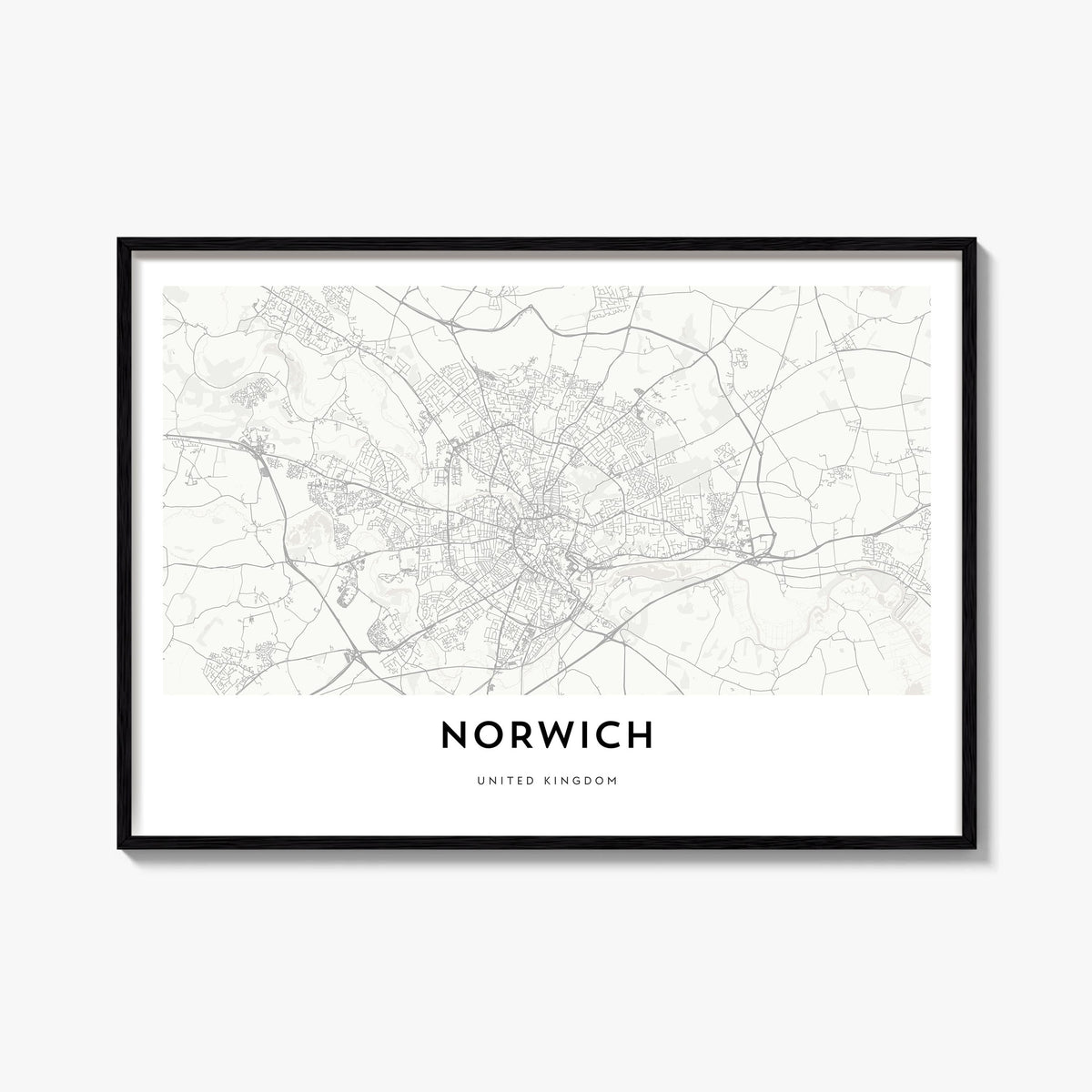 Norwich black & white map poster of England, UK – horizontal wall art, unframed print shown in interior mockup