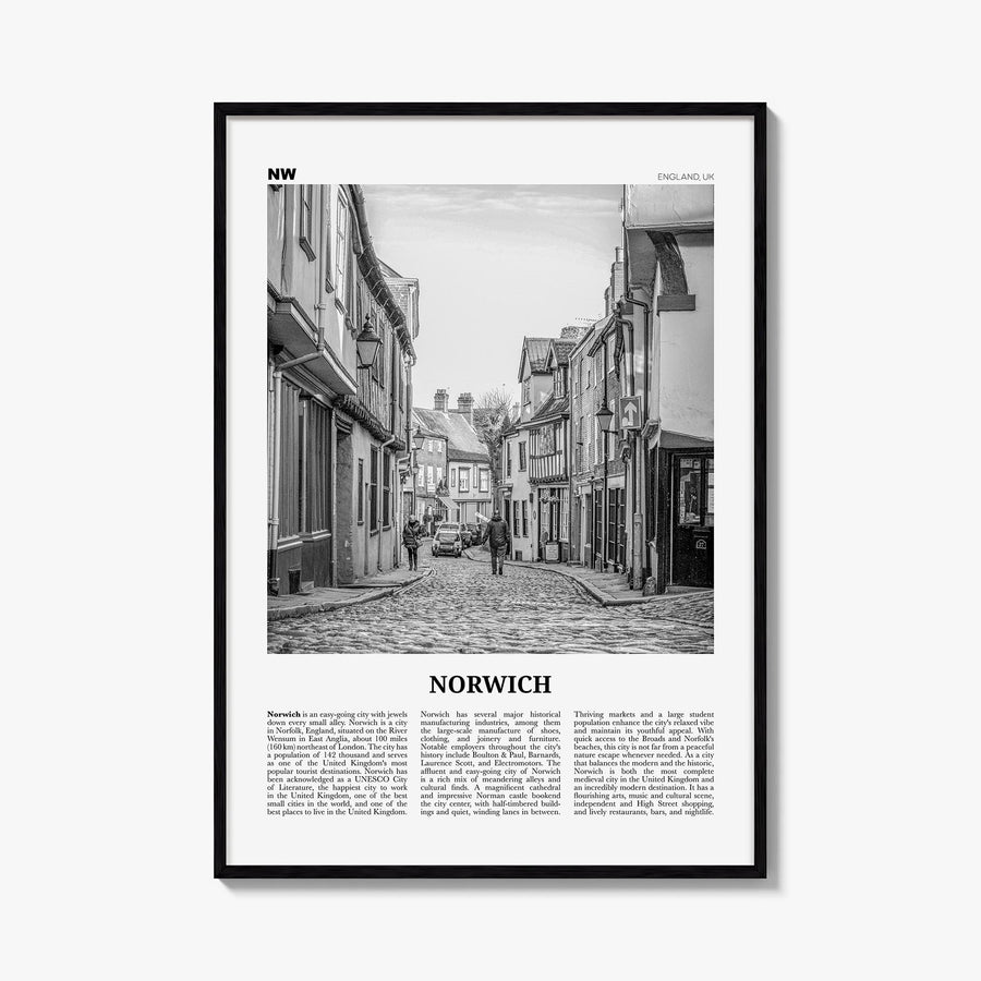 Norwich black & white newspaper poster of England, UK – vertical wall art, unframed print shown in interior mockup