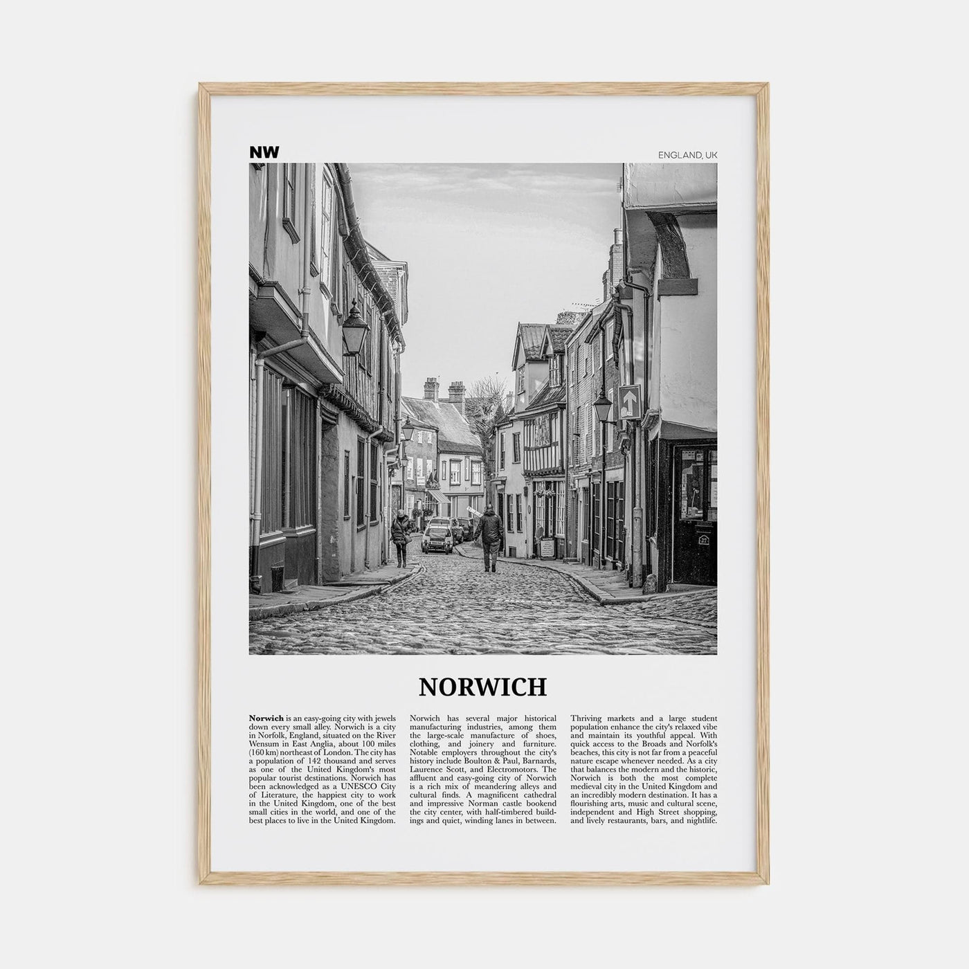 Norwich Poster Natural Wood / 8x12 in Nbourhood Travel B&W Poster